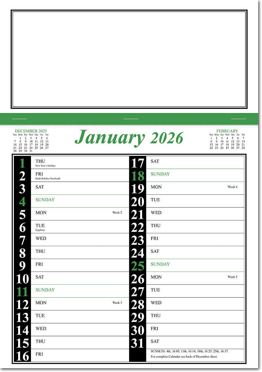 Green & Black Memo Postal Saver Calendar
